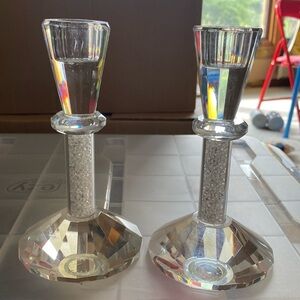 Crystal Candlestick holders set of two with white beads in middle